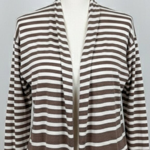 NWOT Ann Taylor Hi Low Cardigan S Beige Stripe Knit Open Front Modern - Picture 7 of 13